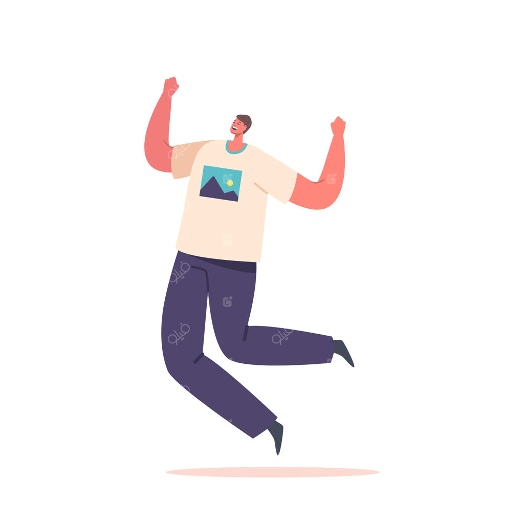 مردی در اوج پرش و سرشار از شادی؛ با دستان رو به آسمان، لبخندی پهن و چشمانی که از شوقِ محض برق می‌زنند.