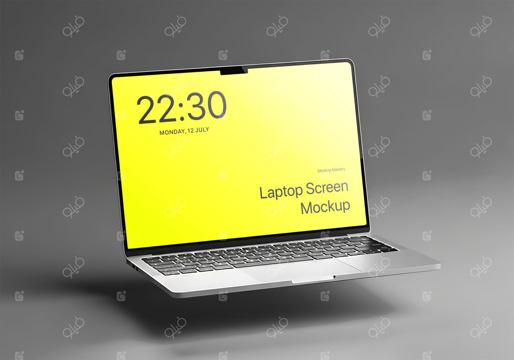 موکاپ شناور صفحه‌نمایش لپ‌تاپ مدرن با پس‌زمینه خاکستری