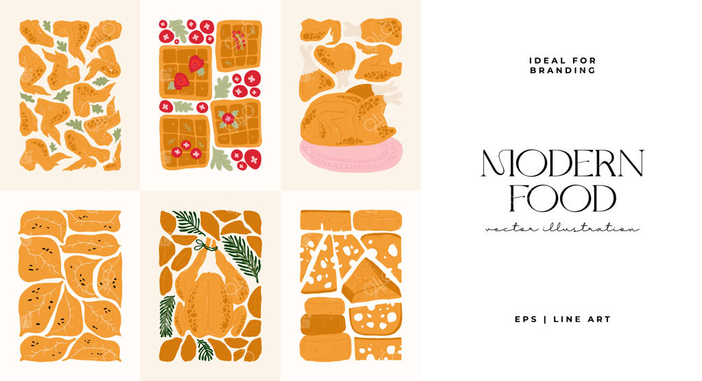 پوستر رستوران با سبک مینیمال ماتیس، المان‌های انتزاعی غذا و ترکیب‌بندی سالم و مدرن