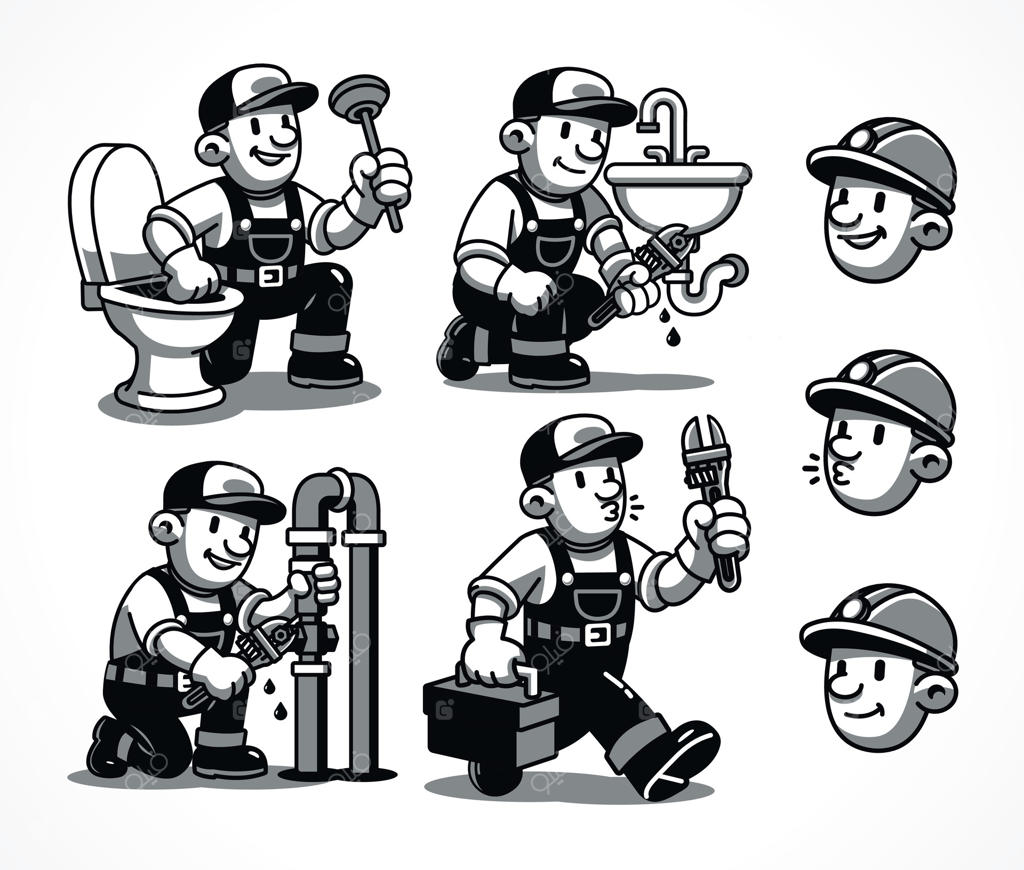 لوله‌کش در حال تعمیر توالت، سینک و لوله است. کارتون قدیمی، مناسب برای کسب‌وکار و نماد