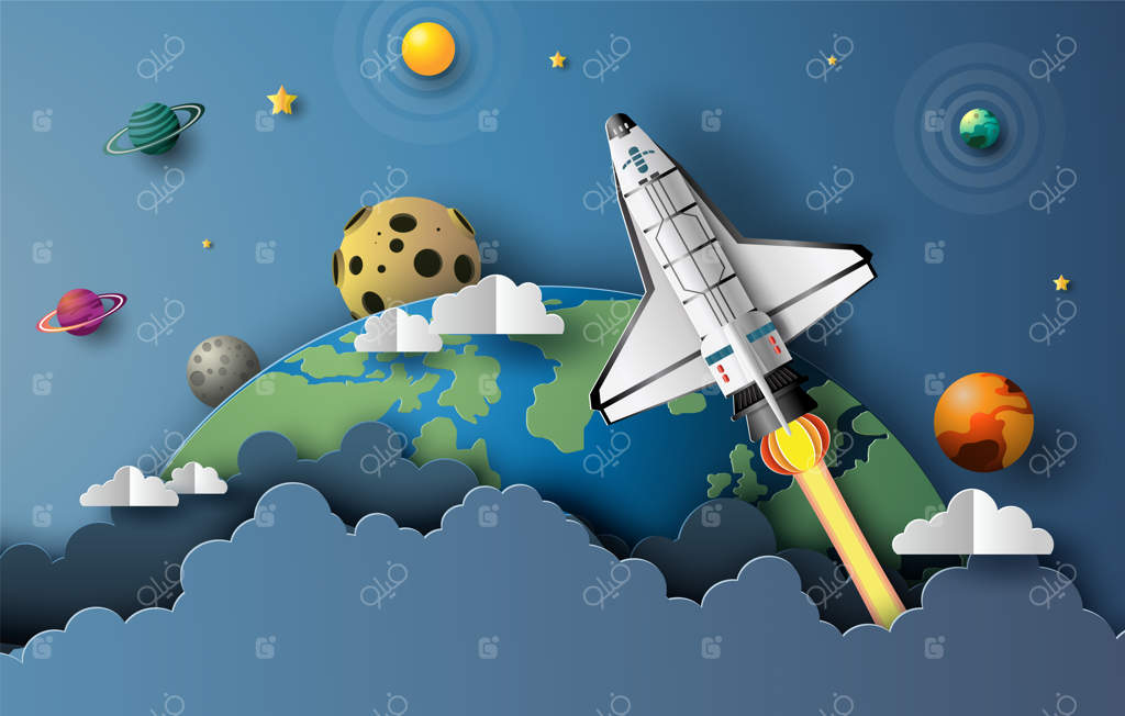 هنر کاغذی فضاپیما در حال پرتاب به فضا، مفهومی برای استارت‌آپ‌ها، طراحی ساده و فلت.