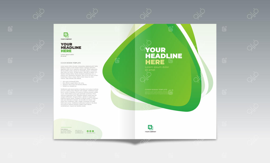 قالب جلد کتاب (رو و پشت) سایز A4 با طرح مثلث‌های سه‌بعدی گوشه‌گرد و پس‌زمینه گرادینت زرد، سفید و سبز