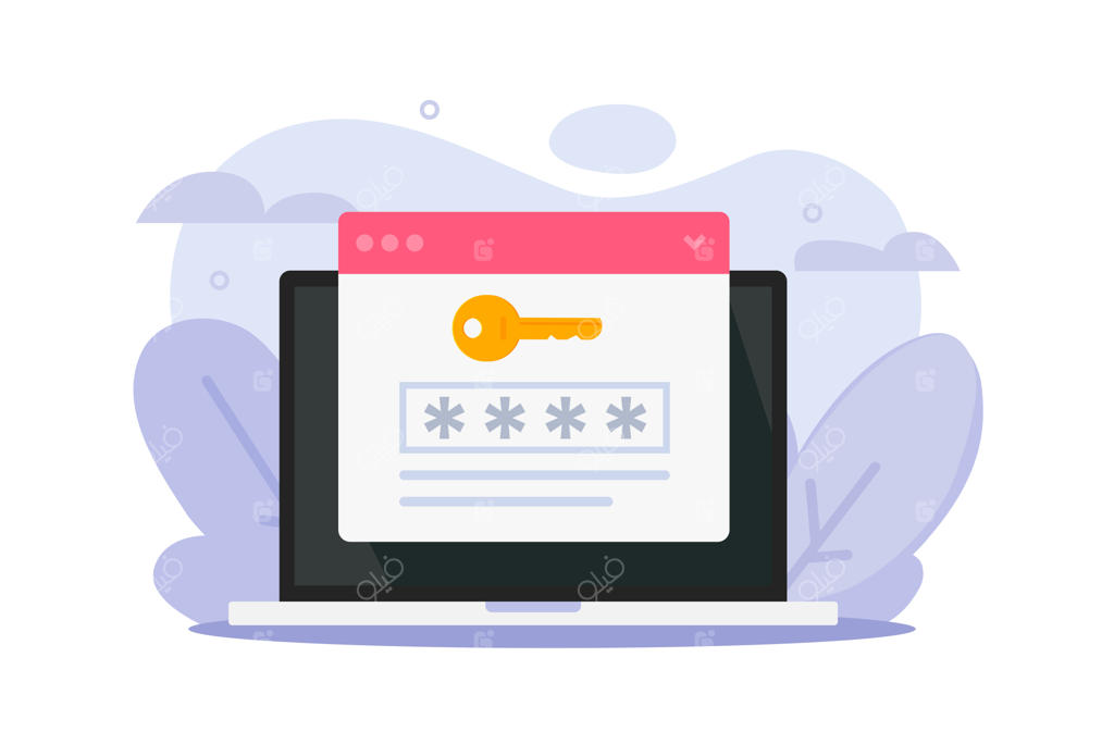 آیکون کلید دیجیتال و سایبری در تکنولوژی کامپیوتر؛ تصویرسازی گرافیکی کارتونی فلت با مفهوم حریم خصوصی و امنیت آنلاین