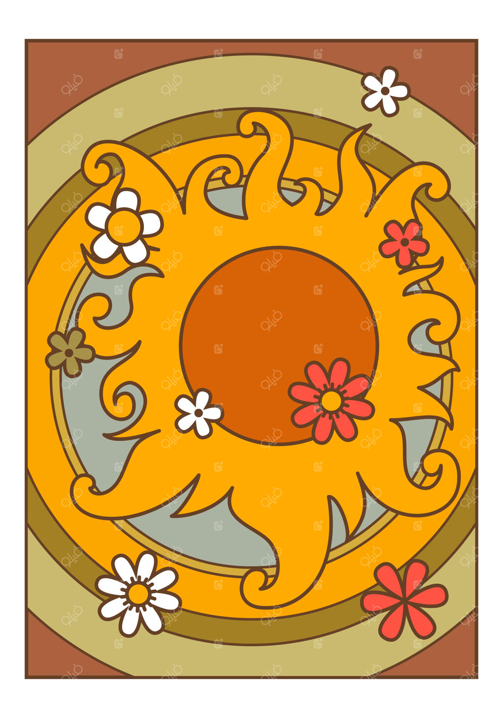 خورشید با پرتوها و گل‌های شکوفا در فصل بهار