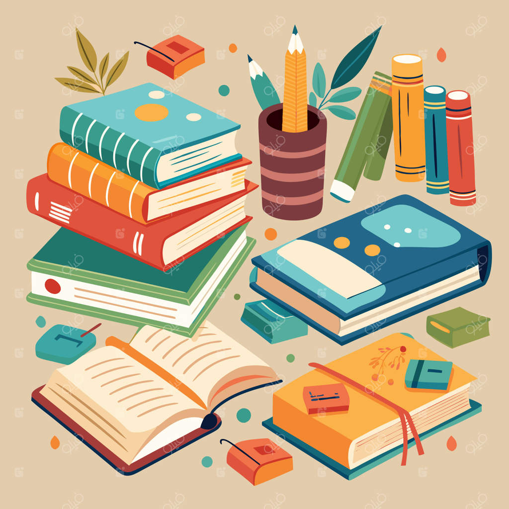 تصویرسازی آموزشی خلاقانه و رنگارنگ با کتاب‌ها و لوازم‌التحریر مدرسه