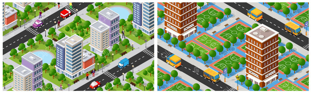 طرح مفهومی نقشه عمودی و ایزومتریک یک شهر شهری. تصویرسازی مفهومی از طراحی گرافیکی شهرک مسکونی.