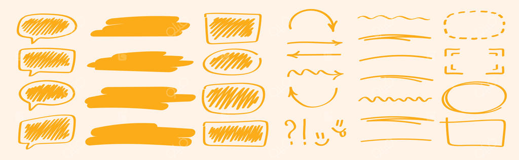 مجموعه‌ای از عناصر دست‌کشیده زرد: حباب‌های گفتار، فلش‌ها، خط زیر، خط خطی‌ها و برجسته‌سازی‌ها برای یادداشت‌ها، مدرسه، ارائه و طراحی خلاقانه