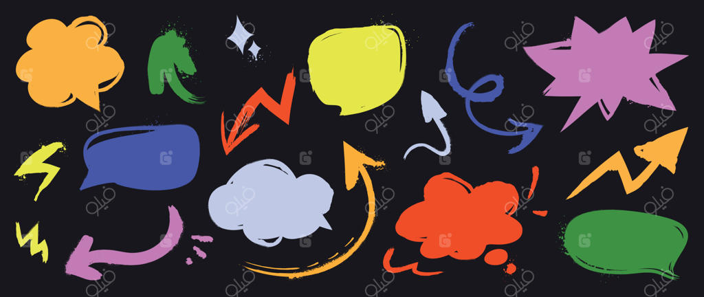 مجموعه‌ای از تصویرسازی حباب‌های گفتار و پیکان. مجموعه‌ای از حباب‌های گفتار کامیک رنگارنگ و دست‌کشیده به سبک دودل با جلوه‌ای درخشان بر روی پس‌زمینه سیاه. طراحی برای تاتو، برچسب و چاپ.