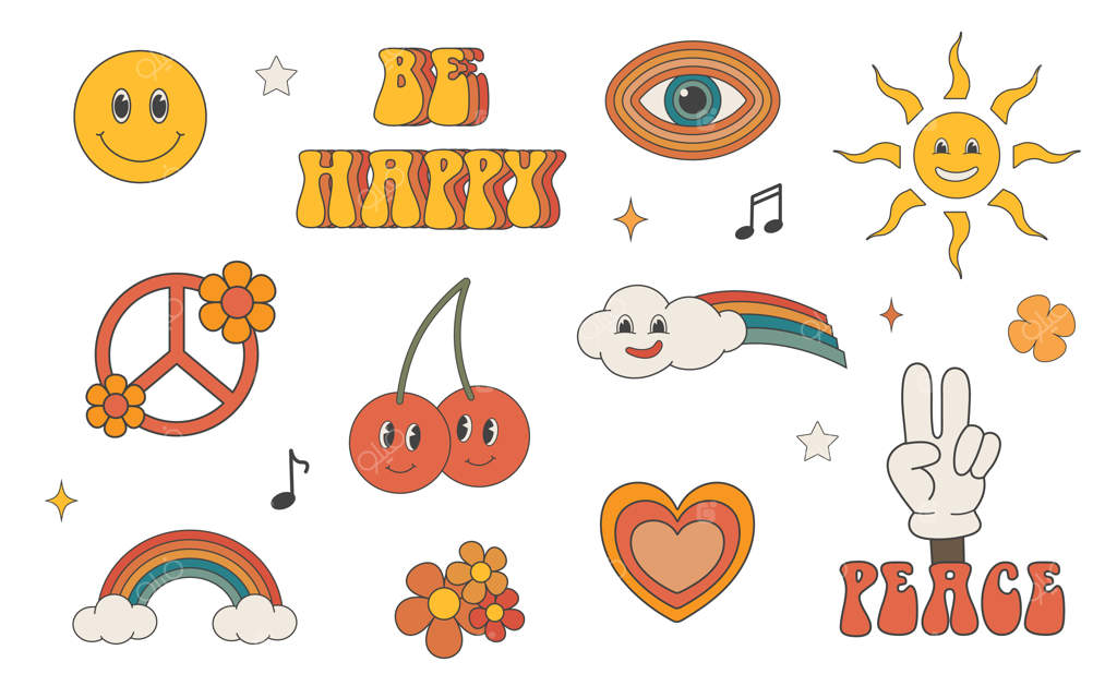 مجموعه نوستالژی دهه ۷۰؛ رنگین‌کمان، صلح، خورشید، گیلاس، گل‌ها، بسته استیکر، تصویرسازی وکتور مد روز