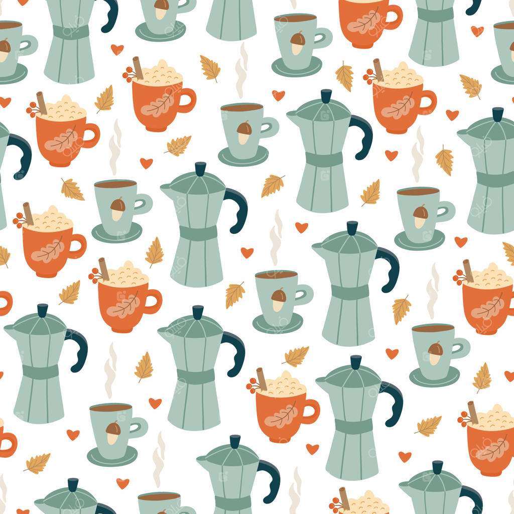 طرح یکپارچه با موکاپات، لیوان‌های قهوه بخار‌شده و برگ‌های پاییزی. ایده‌آل برای پارچه‌های گرم و خودمانی پاییزی، پارچه‌های آشپزخانه، کاغذ دیواری و طراحی‌های فصلی.