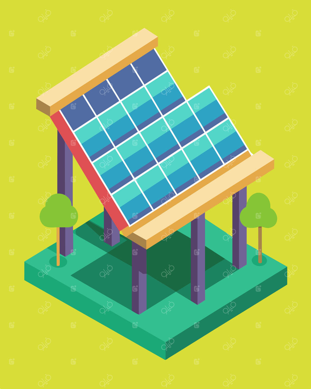 پنل‌های خورشیدی براق که به صورت یکپارچه در طراحی یک سازه بازی مدرن قرار گرفته‌اند و تجربه‌ای تعاملی و آموزشی برای کودکان فراهم می‌کنند.. تصویرسازی.