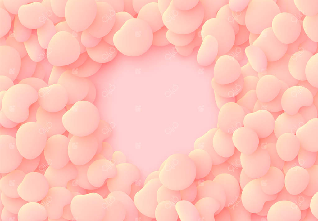 زمینه نرم و صورتی روشن: عناصری از طراحی شامل اشکال گرد پلاستیکی مایع، سنگ‌های صاف دریایی و حباب‌های پاشش مایع. اشیاء سه‌بعدی سیال. پترن مدرن و انتزاعی مواد ارگانیک.