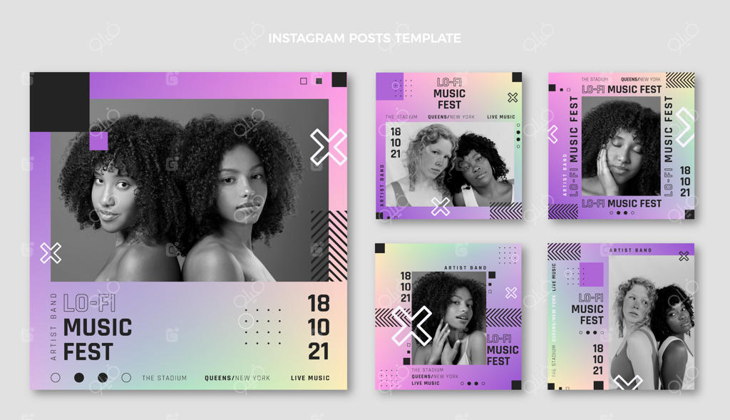 پست‌های اینستاگرام جشنواره موسیقی با طراحی گرادیانت و رنگارنگ