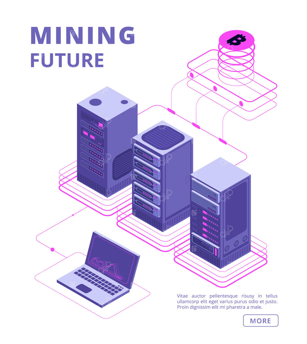 بلاکچین، معاملات توکن، مزارع بیت‌کوین و آلت‌کوین، بانک‌های رمز ارز، و مفهوم ایزومتریک ICO با حضور افراد حرفه‌ای، لپ‌تاپ و سرور