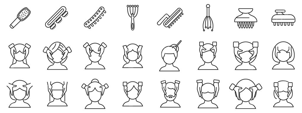 نمونه‌ آیکون‌های ماساژ سر: ماساژ پوست سر توسط آرایشگران با ابزارهای مختلف