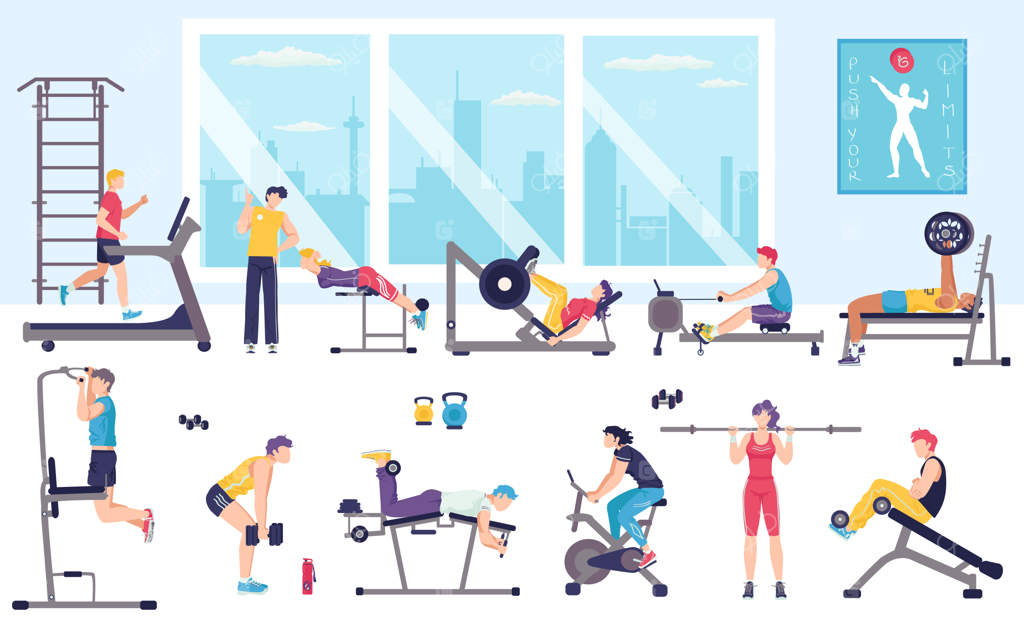 تمرین در باشگاه: تصویرسازی شخصیت‌های کارتونی مرد و زن در حال ورزش و تمرینات بدنی روی پس‌زمینه‌ی سفید