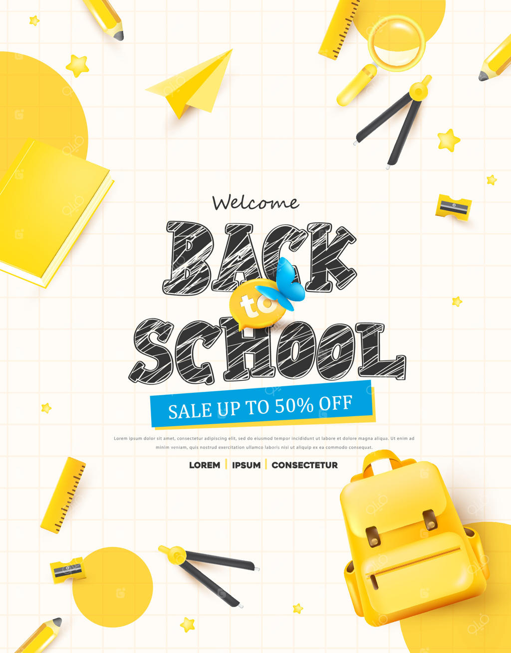 قالب بنر فروش پوستر بازگشت به مدرسه با طراحی دستی و لوازم‌تحریر روی پس‌زمینه مشبک زرد روشن برای تبلیغات آموزشی