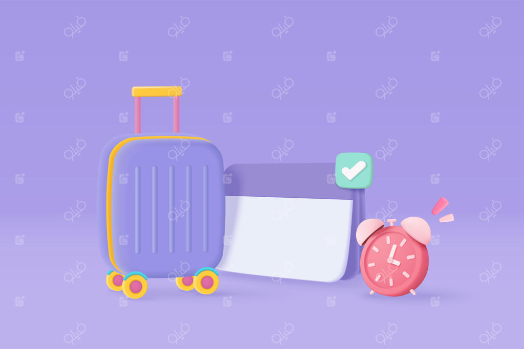 یادآوری سه‌بعدی در تقویم با چمدان برای برنامه‌ریزی سفر و گردشگری در تابستان - مفهوم زمان‌بندی با تقویم و هشدار ساعت ۳D