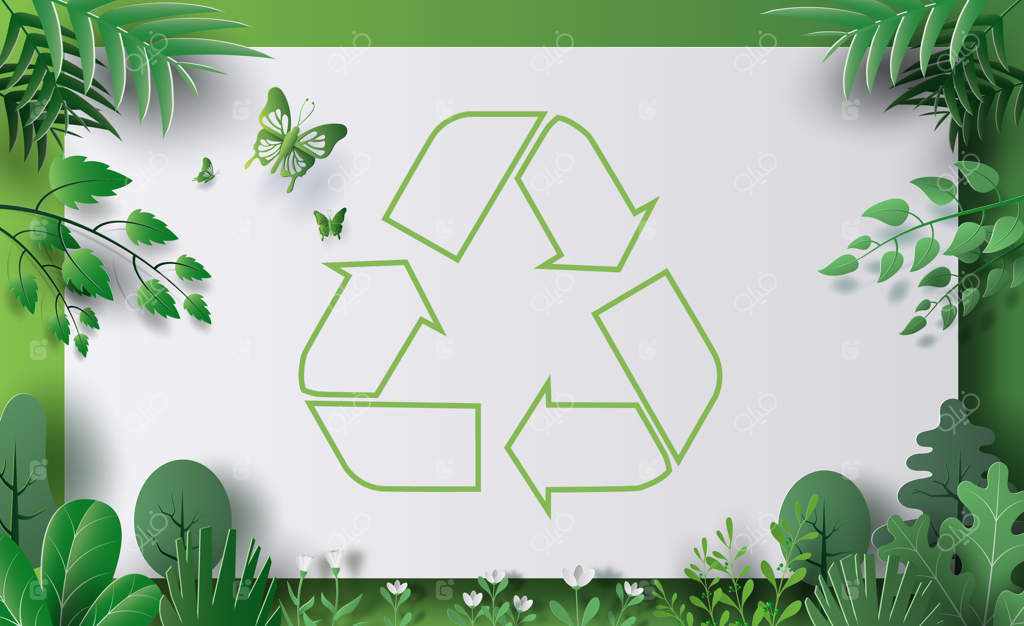 نماد بازیافت و برگ‌های سبز با پس‌زمینه سبز