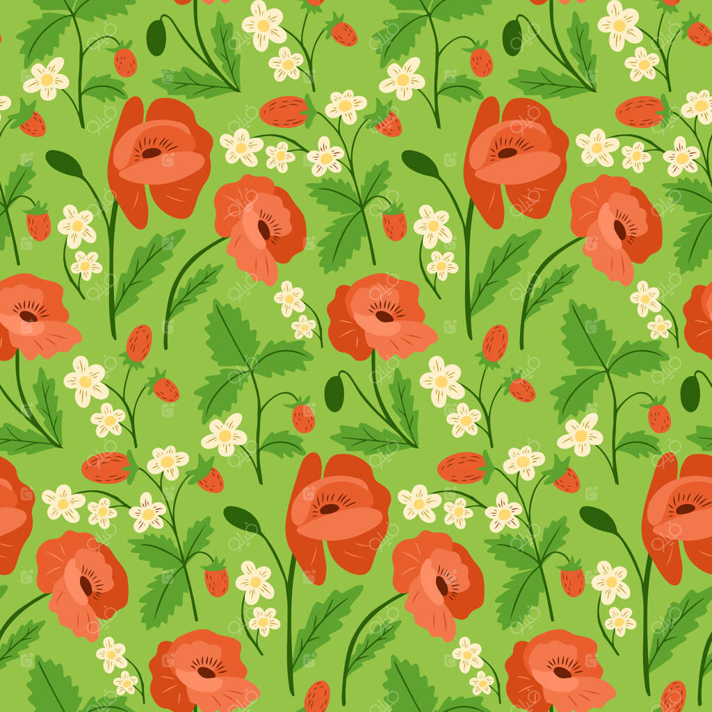 پترن پیوسته با شقایقهای قرمز دست کشیده، گل‌های سفید و توت‌فرنگی بر زمینه سبز. مفهوم طبیعت تابستان، فصل گلدهی و حس باغ جنگلی