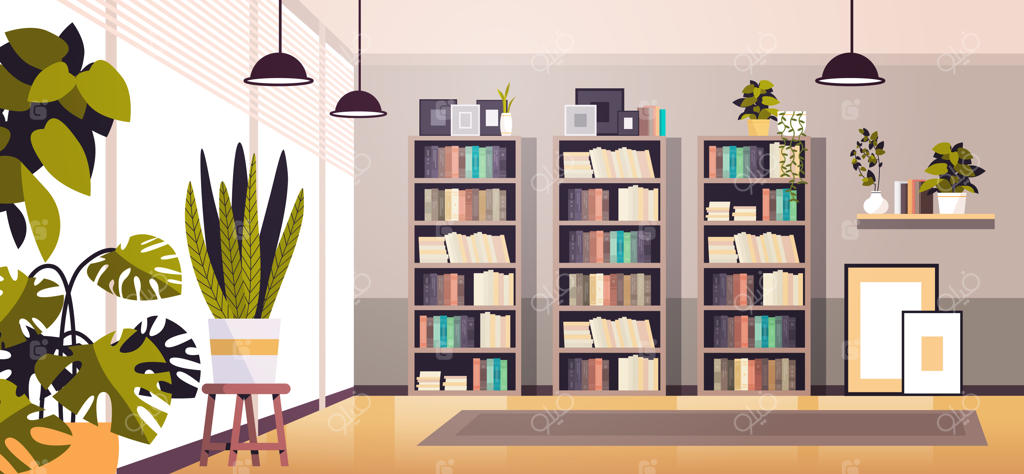 وکتور افقی فضای داخلی دفتر کار اشتراکی مدرن و خالی با قفسه کتاب