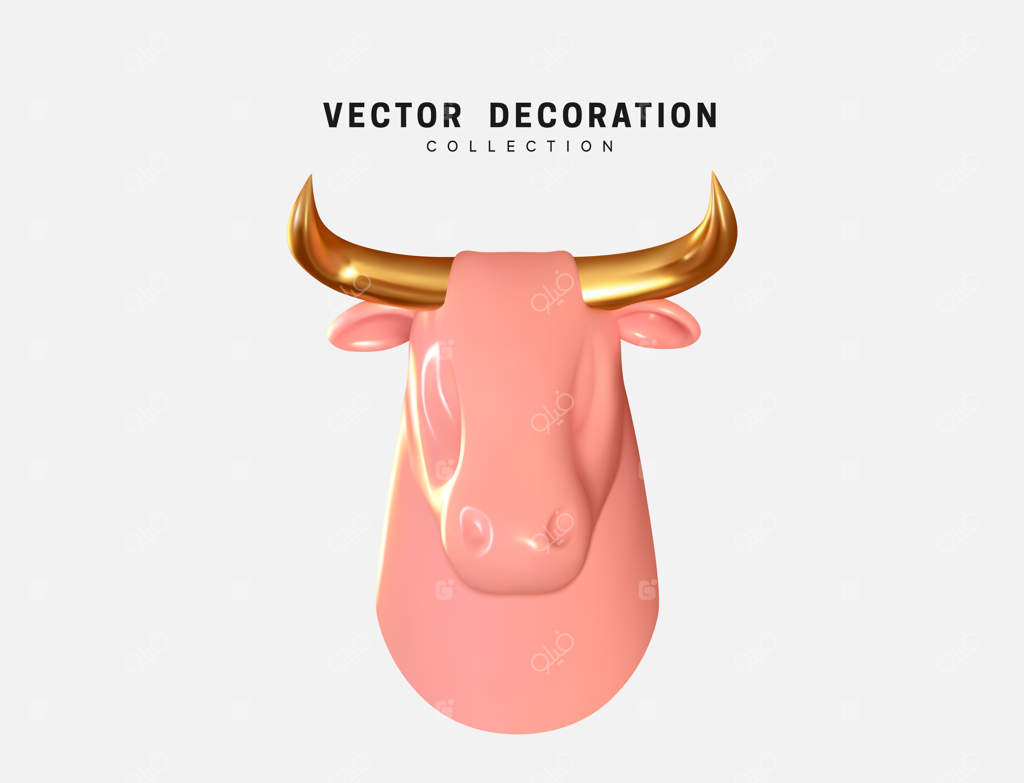 آیکون و لوگوی سه‌بعدی سر گاو. سر گاو یا گاومیش واقع‌گرایانه از جنس شیشه و پورسلین. تصویرسازی وکتور