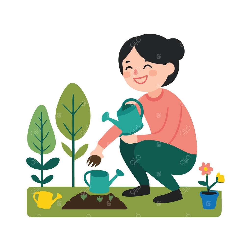 زنی در حال آبیاری گیاهان در باغ