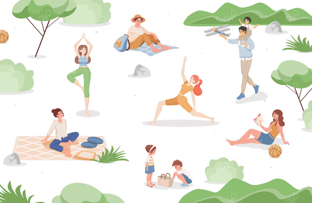 تصویرسازی جذاب از مردم خندان و خوشحال در پارک شهری.