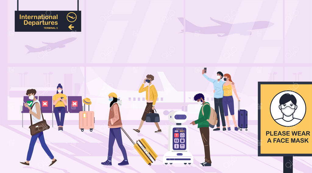 تصویرسازی سفر: مسافران در قسمت پروازهای خروجی فرودگاه (وکتور)