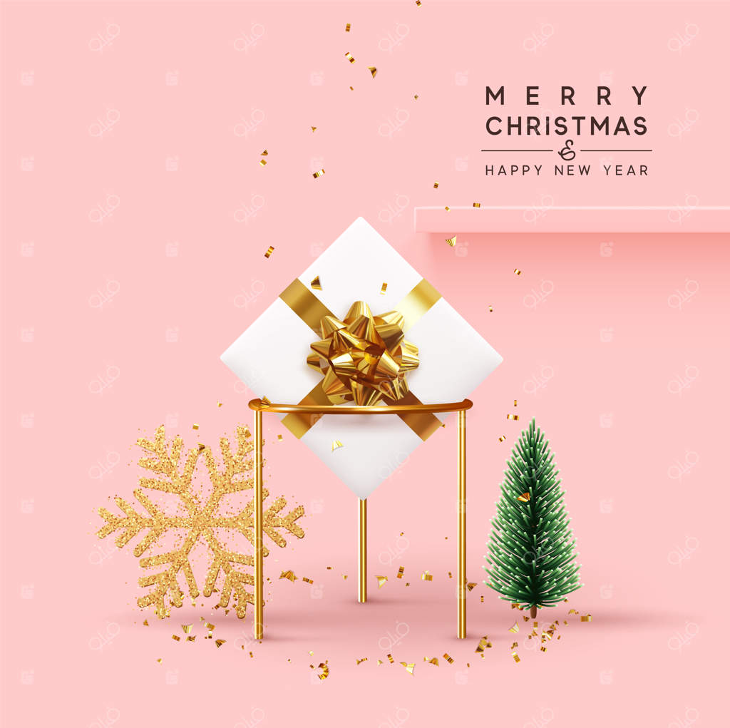 پس‌زمینه کریسمس: طراحی ۳‌بعدی و واقعی با جعبه هدیه، برف‌دانه‌ درخشان طلایی، درخت کاج تزئینی، صنوبر سبز و ریزش کاغذهای براق طلایی. فضای متن روی قفسه