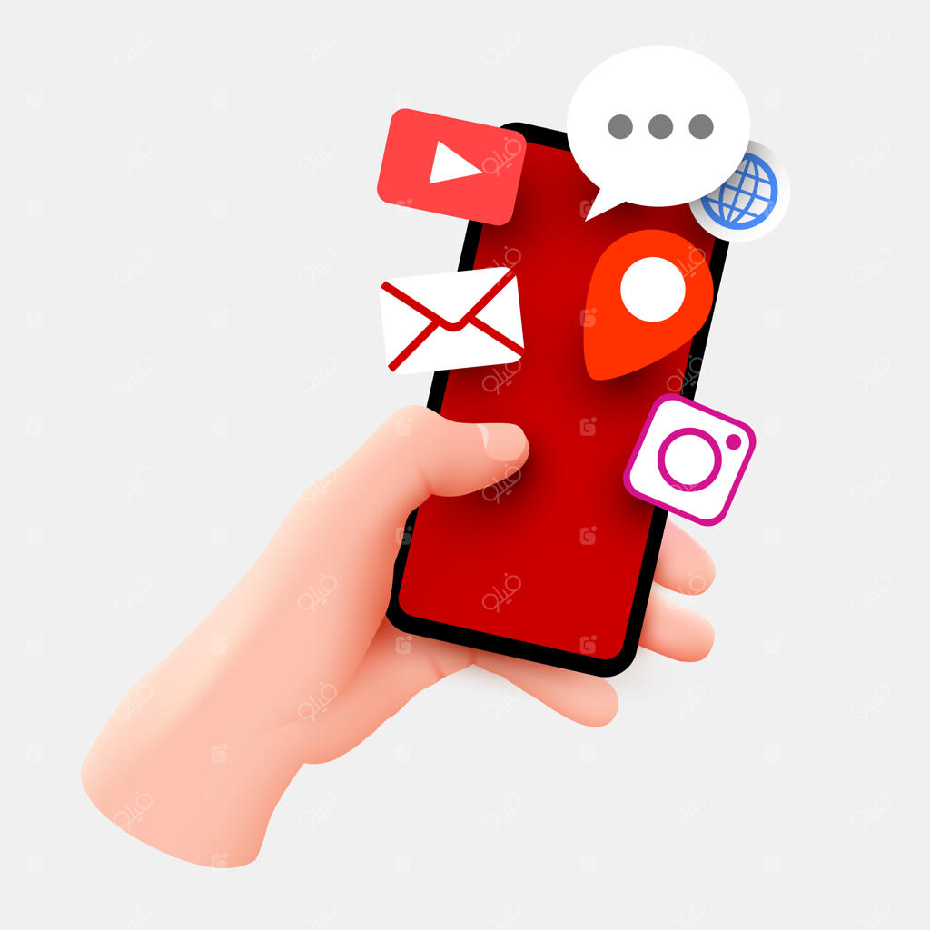 در دست گرفتن گوشی هوشمند با آیکون‌های اپلیکیشن‌ها. اپلیکیشن‌های موبایل