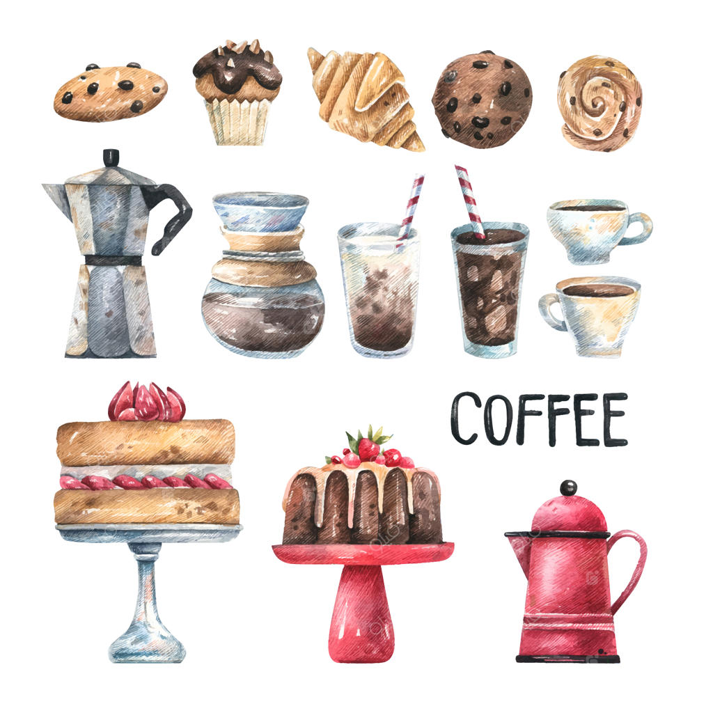 مجموعه‌ای از تصاویر آبرنگی دستی قهوه و دسرها، کروسان‌ها، مافین‌ها و کوکی‌ها