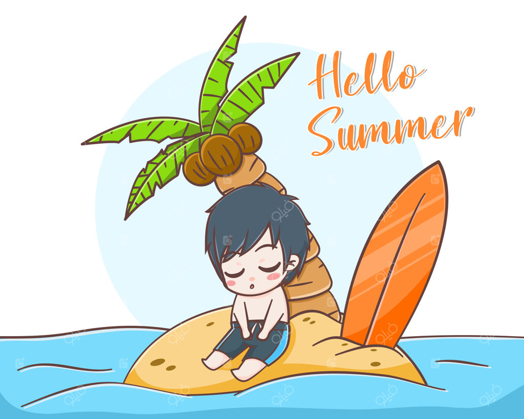 سلام تابستان با تصویر کارتونی پسری که در جزیره‌ای خوابیده است