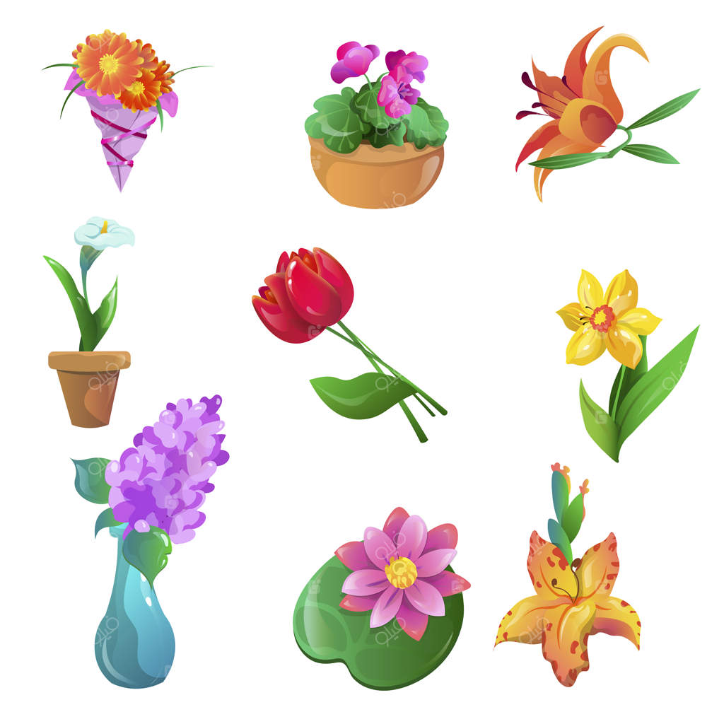 مجموعه‌ای از گل‌های رنگارنگ: کاله، آلسترومریا، کوکب، لاله، نرگس، یاس بنفش، نیلوفر آبی، سوسن، و بنفشه.