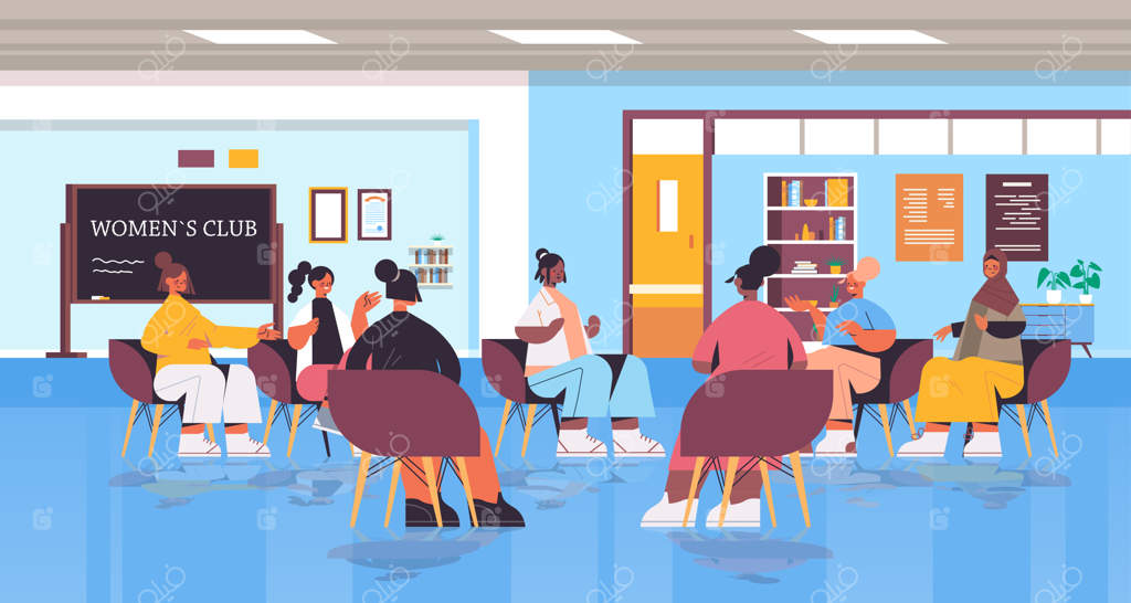 گروهی از دوستان زن با نژادهای مختلف در حال بحث در باشگاه زنان - اتحاد و حمایت زنان فمینیست در محیط کاری