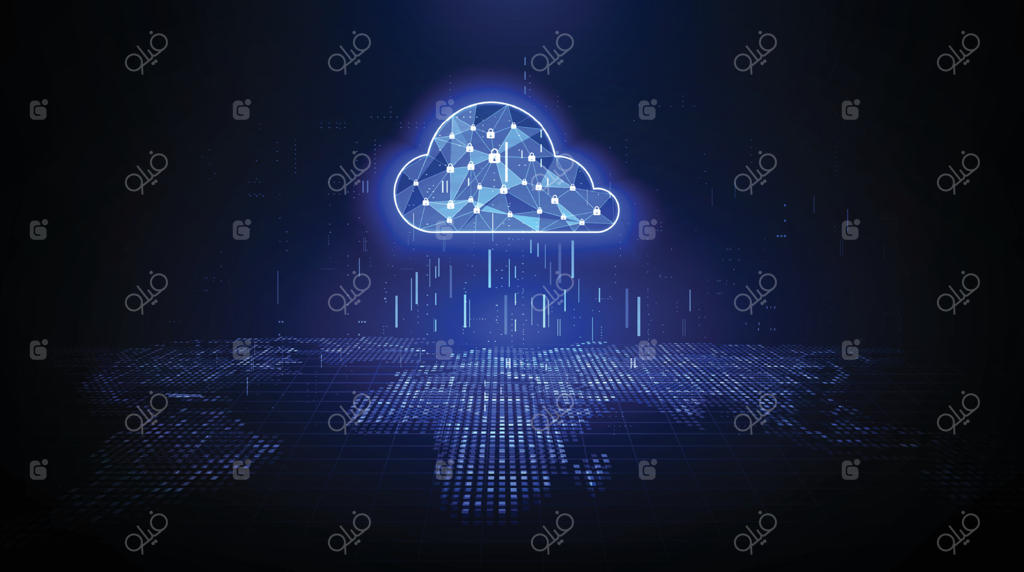 فناوری ابری. نماد وایرفریم چندضلعی ذخیره‌سازی ابری در پس‌زمینه آبی تیره. رایانش ابری، مرکز کلان‌داده، زیرساخت آینده، مفهوم هوش مصنوعی دیجیتال. نماد میزبانی مجازی.