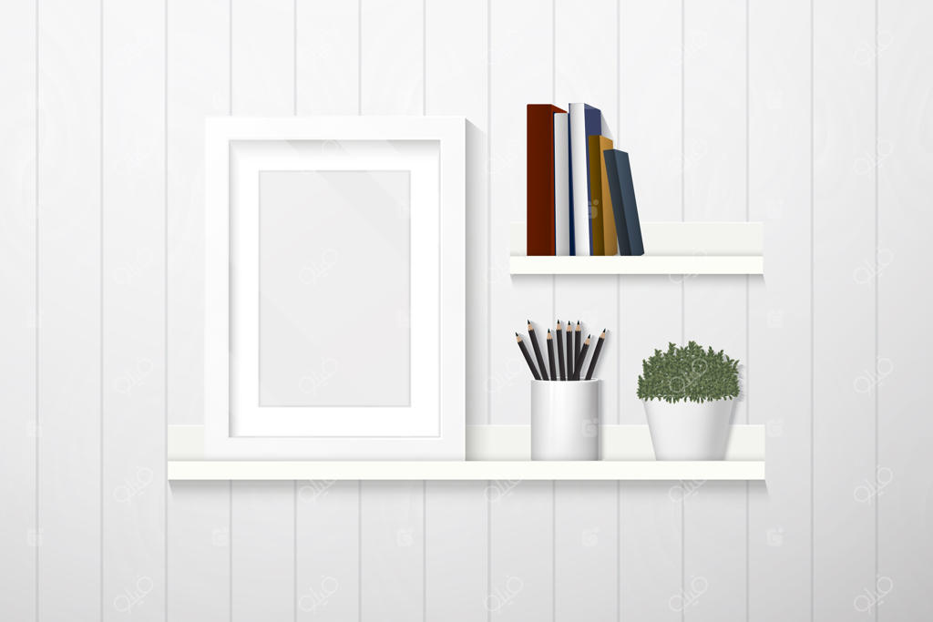دکوراسیون داخلی خانه، قاب عکس، کتاب و لوازم تزئینی روی قفسه و دیوار چوبی سفید، مبلمان