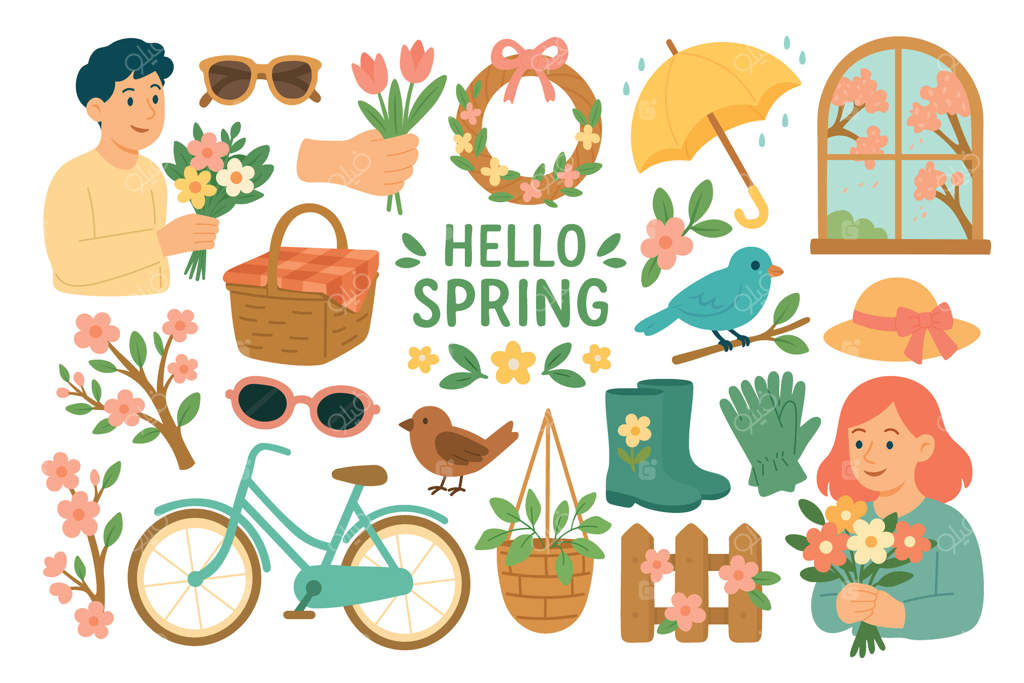 تصاویر بهاری روشن با گل‌ها، اکسسوری‌ها، پرندگان، مردم و المان‌های فصلی باغچه.