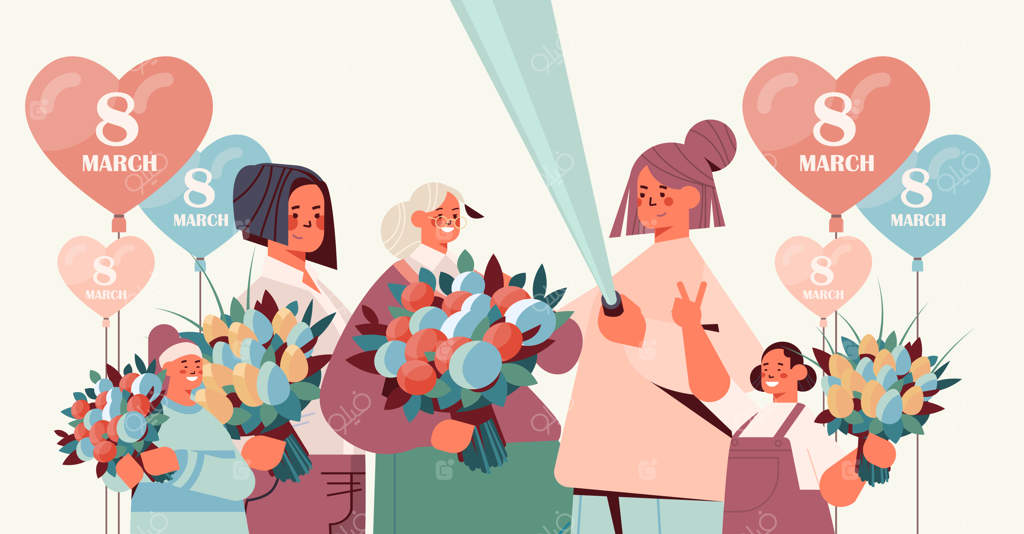 زنان خوشحال با گل و بادکنک در حال گرفتن عکس سلفی - جشن روز زن ۸ مارس