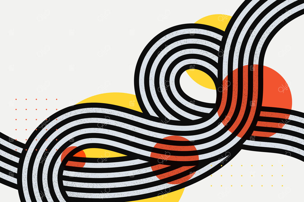 پس‌زمینه خطوط خمیده سیاه و سفید با دایره‌های زینتی زرد و قرمز