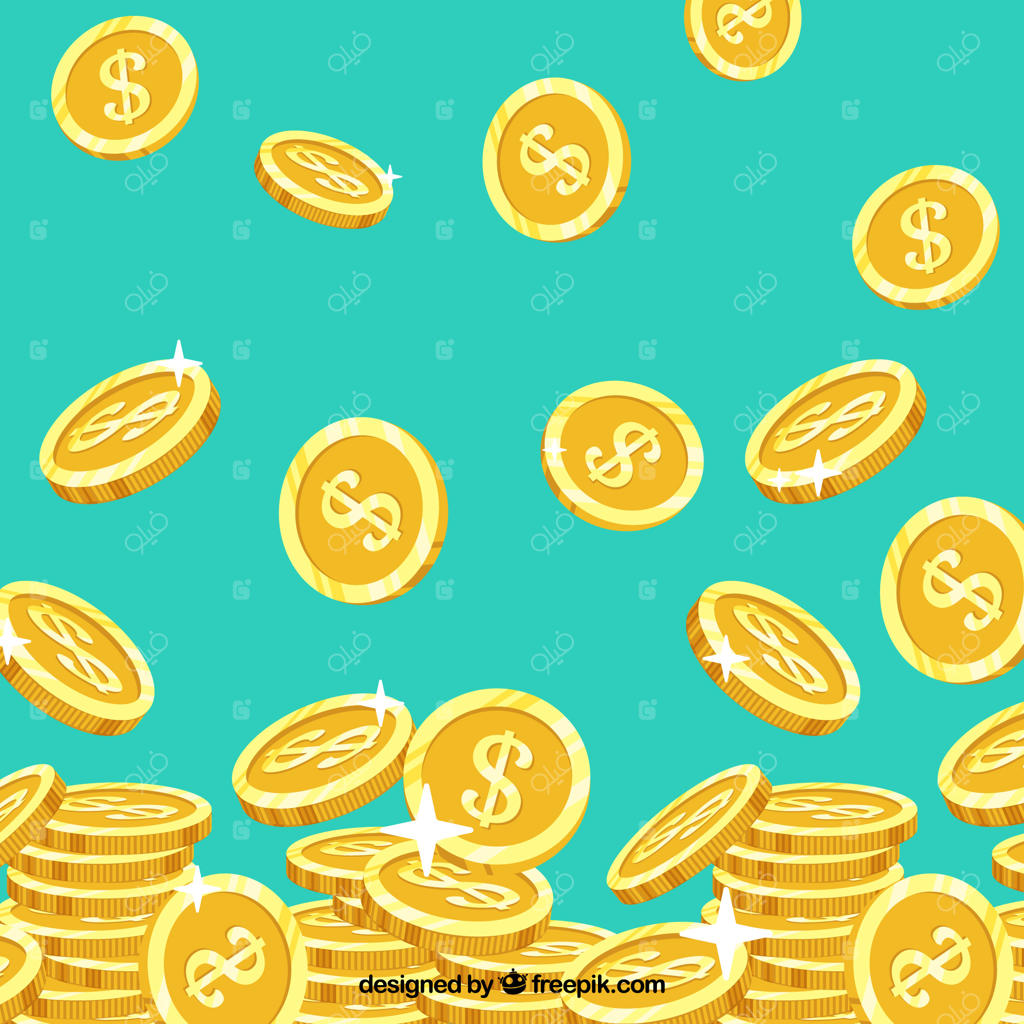 پس‌زمینه آبی با سکه‌های طلایی درخشان