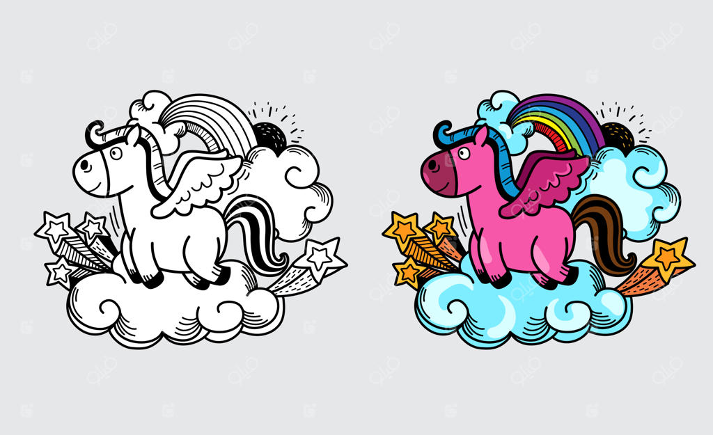 تصویرسازی تک شاخ رنگارنگ و سیاه‌و‌سفید برای کتاب رنگ‌آمیزی