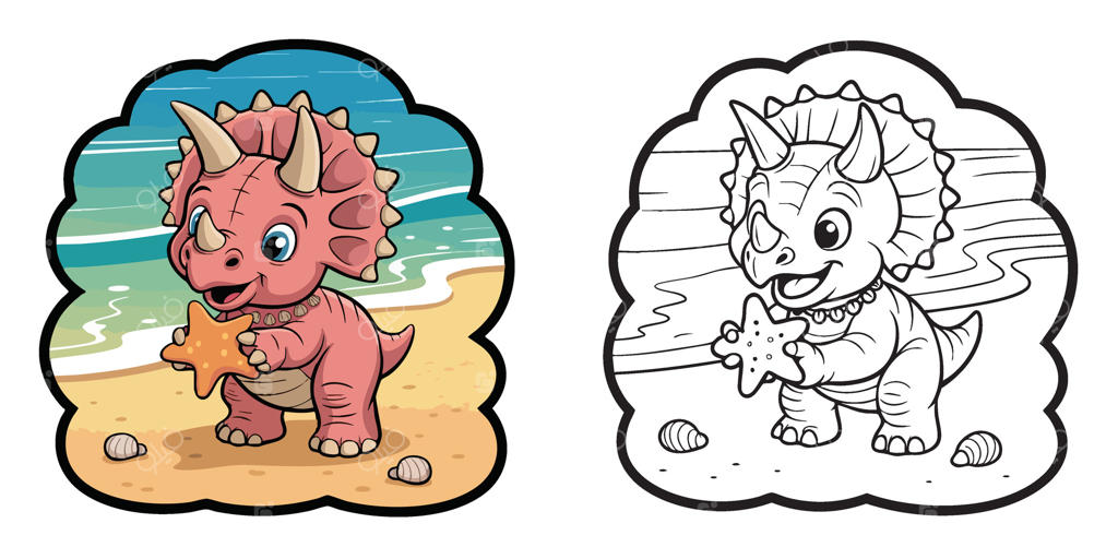 تریسراتوپس کوچک بامزه در ساحل با مجموعه رنگ‌آمیزی و طرح خط برای فعالیت‌های کودکان و کتاب‌های رنگ‌آمیزی