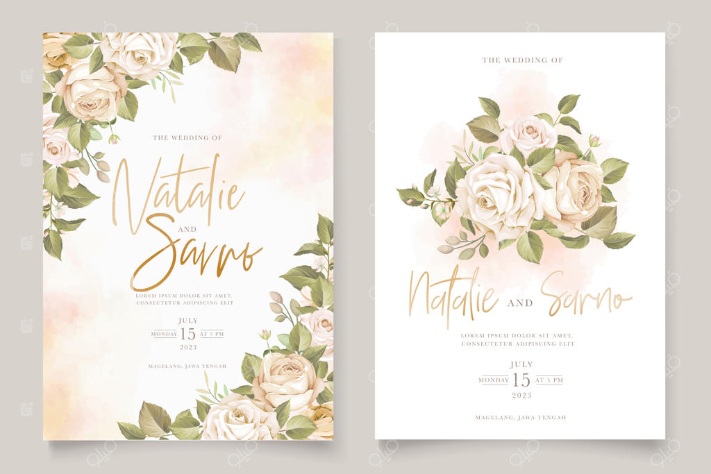 ست کارت دعوت عروسی با طرح گل رز و برگ‌ها