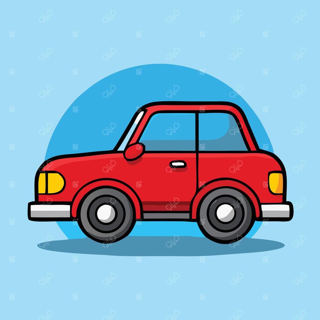 تصویر کارتونی خودروی قرمز شیک بر روی پس‌زمینه آبی روشن