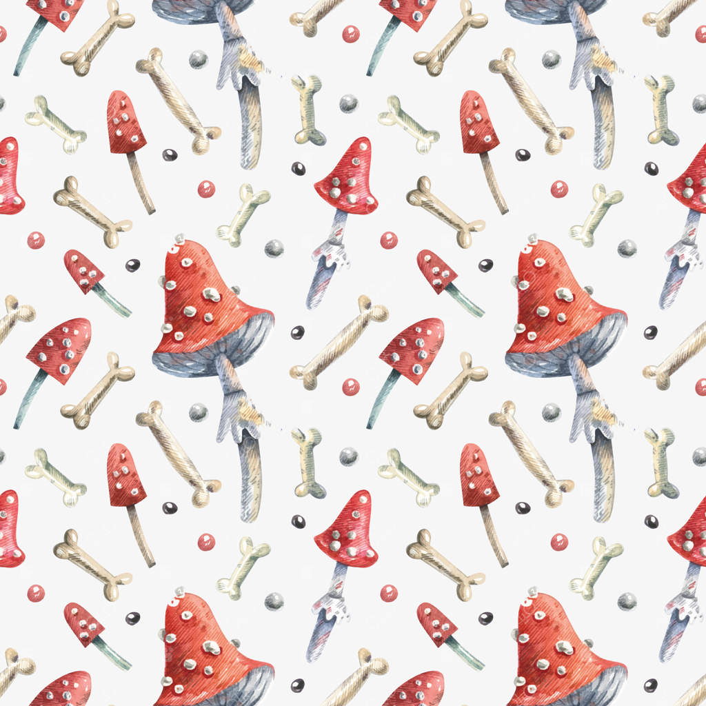 پس‌زمینه آبرنگی با قارچ آمانیتا و استخوان‌ها روی زمینه سفید.