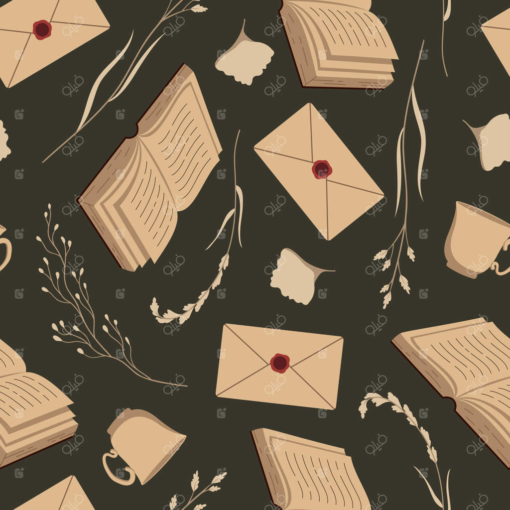 پترن یکپارچه وکتوری با کتاب‌ها، گیاهان و پاکت‌ها - پترن آکادمیک تاریک