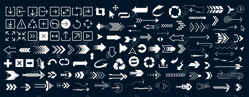 مجموعه‌ای از فلش‌های وکتوری به سبک سایبرپانک؛ عناصر گرافیکی در طراحی رابط کاربری و هدایت‌نمای مجازی. فلش‌های علمی و آینده‌نگر برای طراحی رابط کاربری و واقعیت مجازی