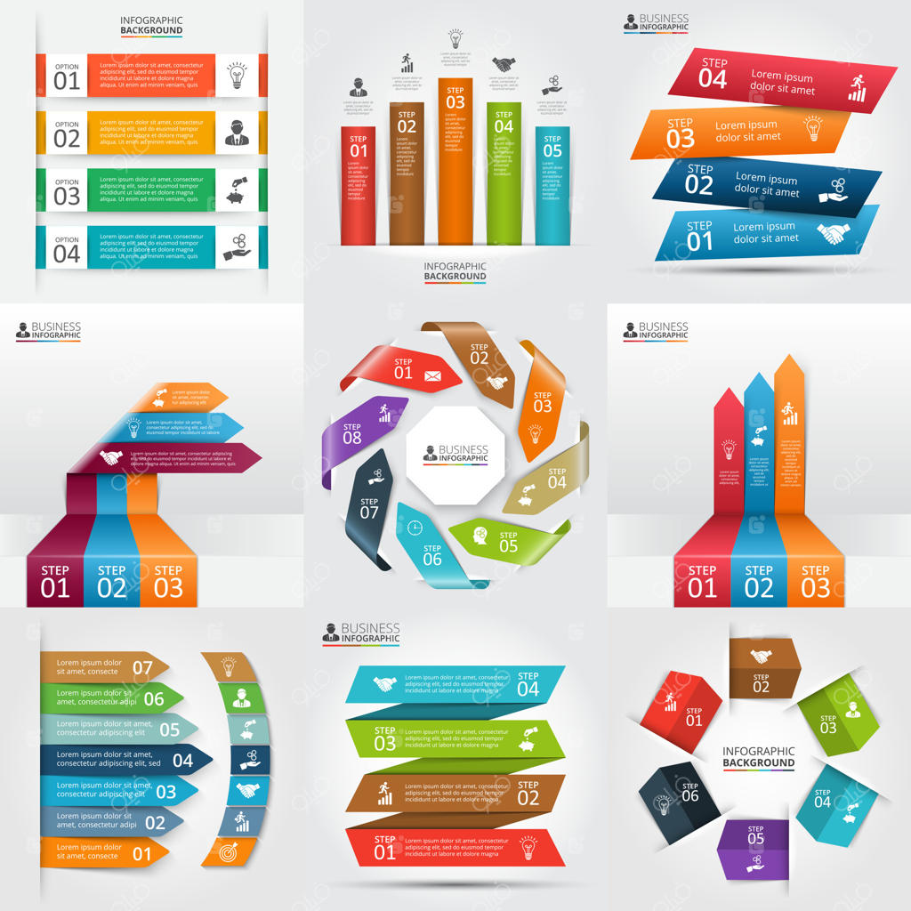 مجموعه اینفوگرافیک‌های پیکان و نوار. مفاهیم کسب و کار با ۳ تا ۸ گزینه، قسمت، گام یا فرآیند. مناسب برای طرح‌بندی جریان کار، نمودار، گزینه‌های عددی و طراحی وب.