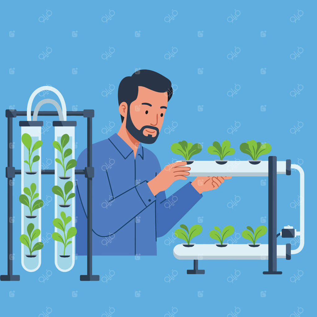 مردی در حال بررسی گیاهان هیدروپونیک در باغ عمودی سرپوشیده با زمینه آبی و تصویری از برگ‌های سبز